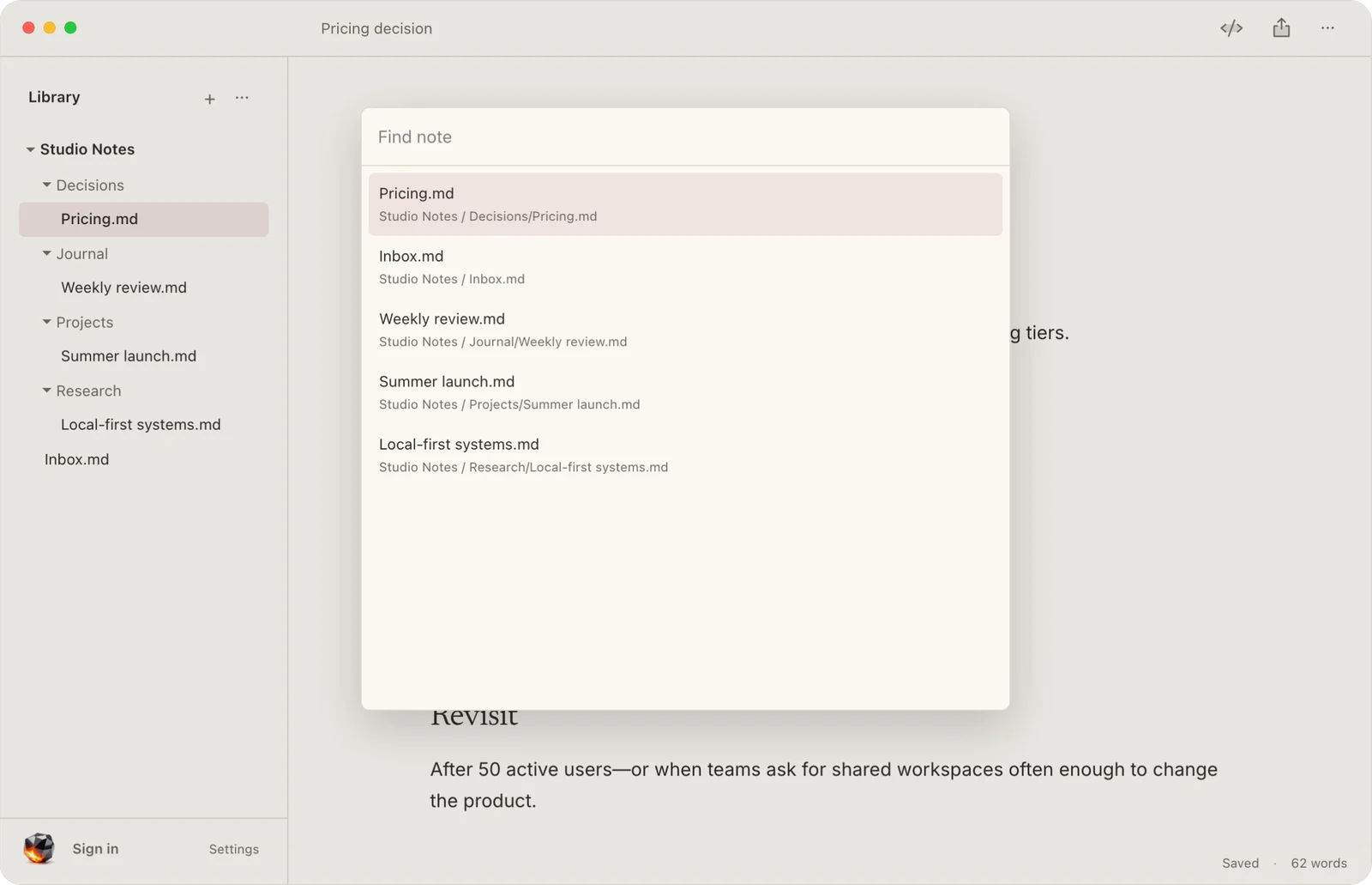 Noteor for Mac searching a Studio Notes workspace for a note