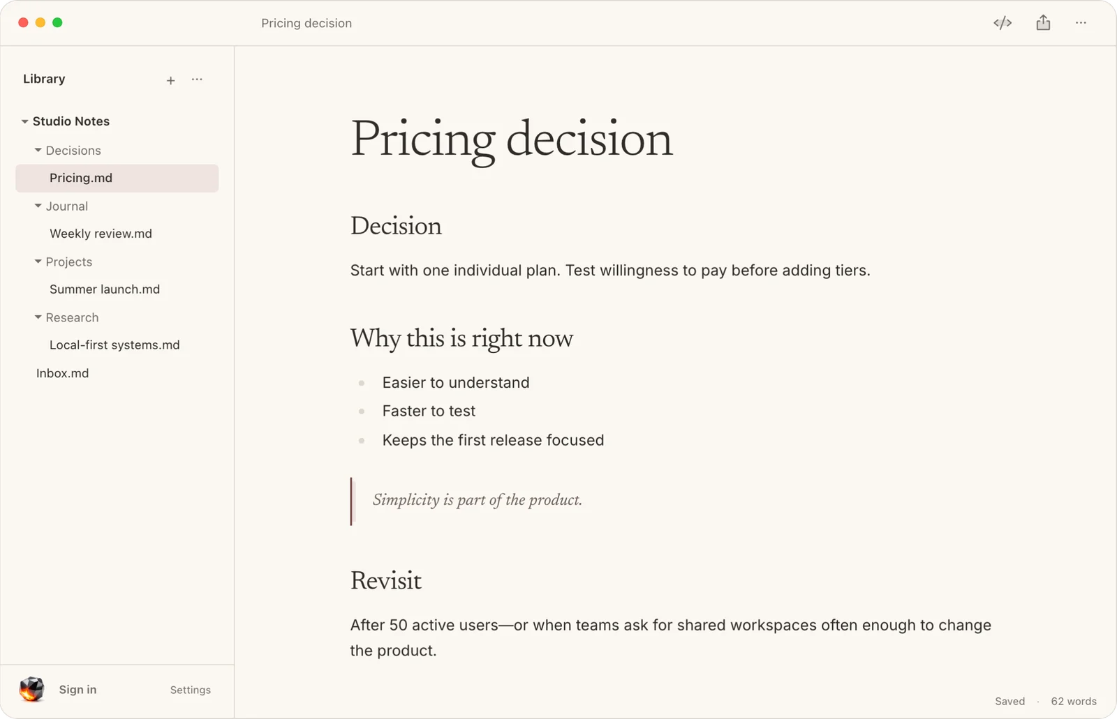 Noteor for Mac showing a note titled Pricing decision