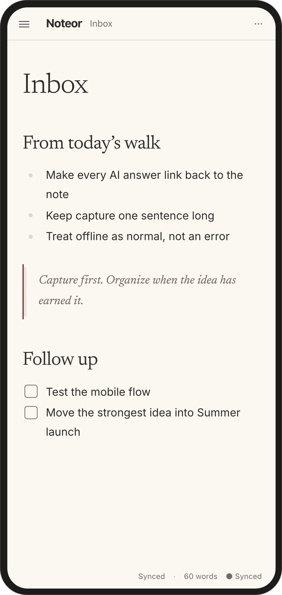 Noteor on mobile showing an Inbox note with ideas captured during a walk