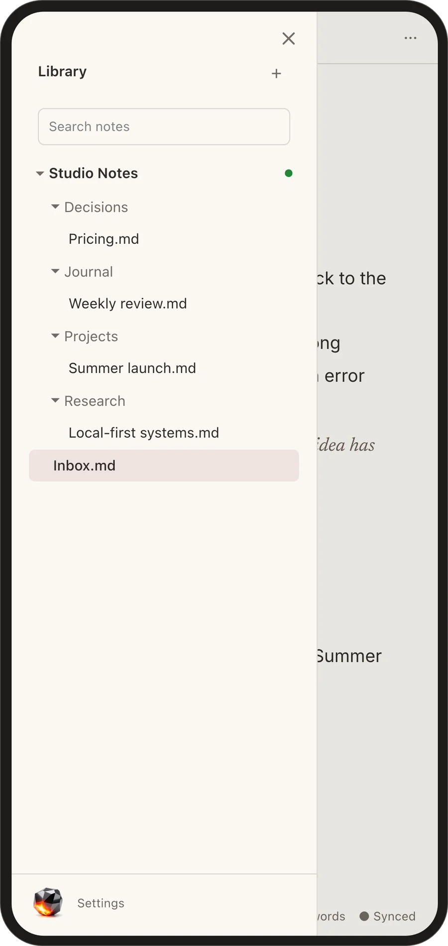 Noteor on mobile showing the Studio Notes workspace library